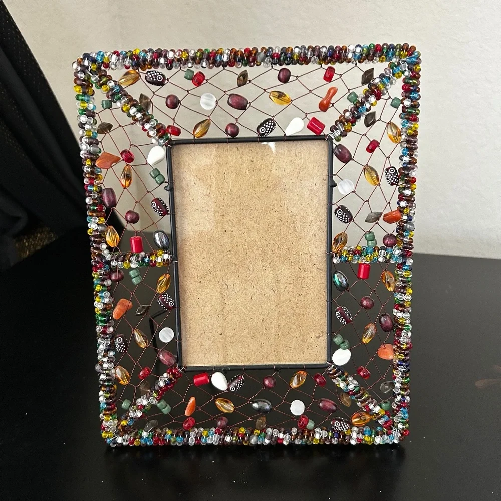 Pier 1 Imports Boho Bohemian Beaded Colorful Frame Wire Metal